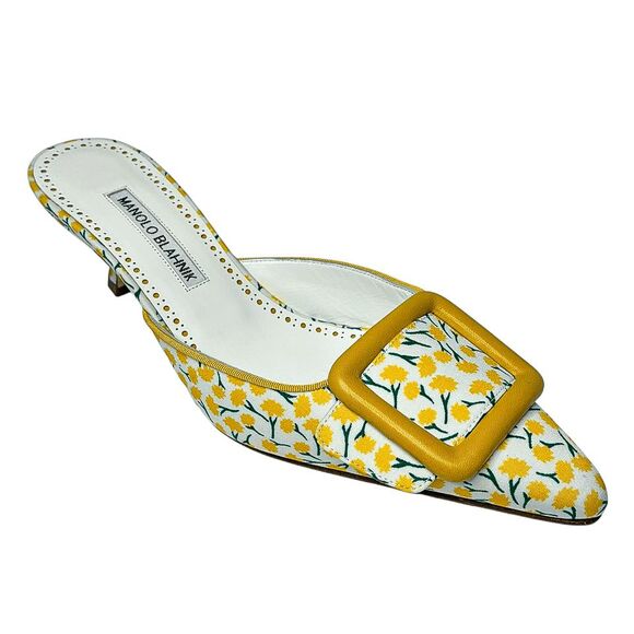 Manolo Blahnik Shoes - Manolo Blahnik Printed Buckle Mules Maysale EU 38 Floral Cotton Slip On Heels